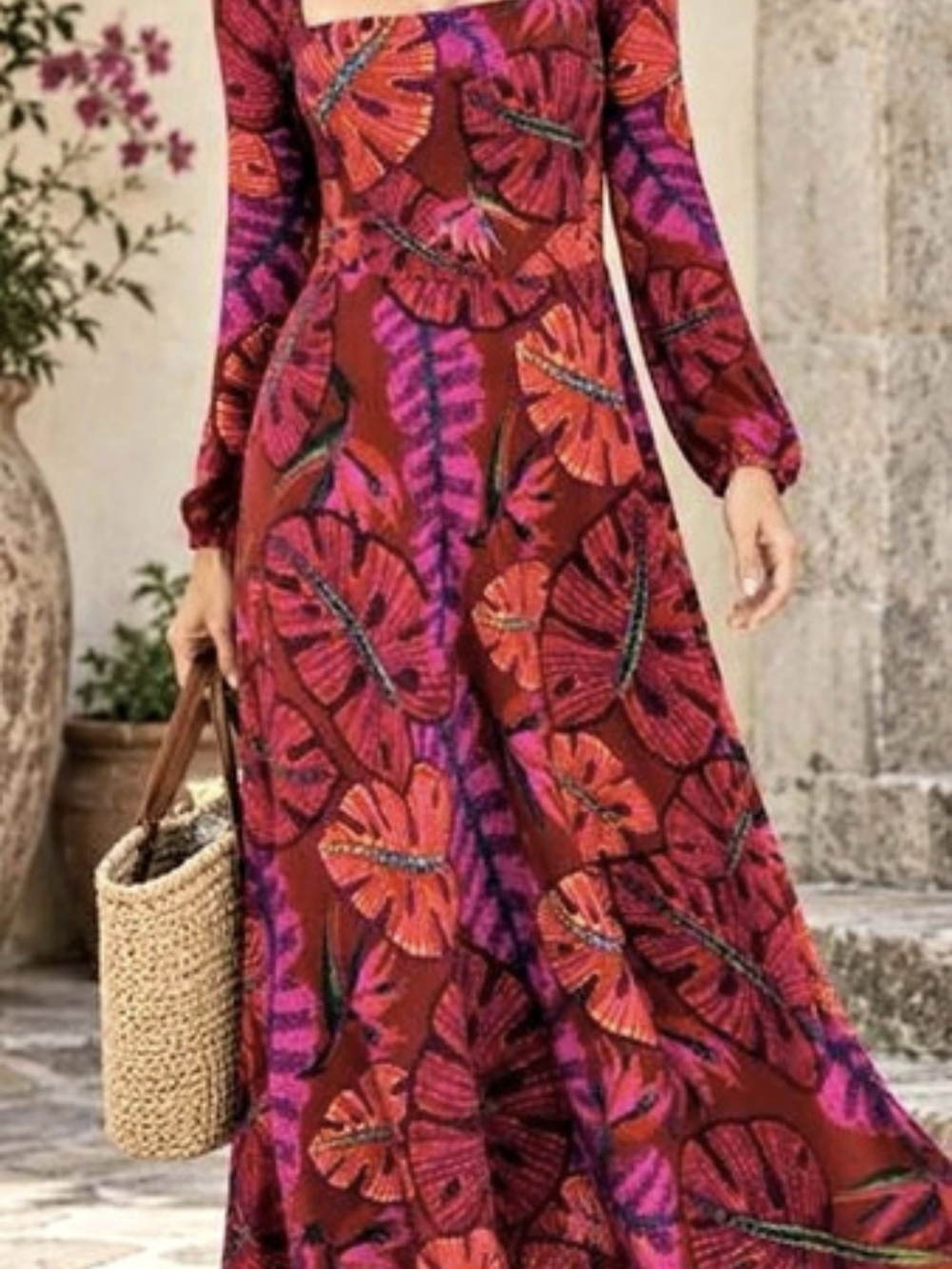 Farm Rio Delicate Leaves Maxi Dress Purple & Red XL